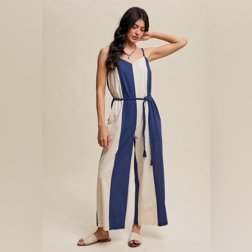 Listicle Navy and Cream Striped Wide-Leg Jumpsuit - Picture 2 of 4
